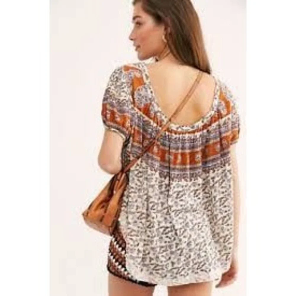 Free People Paisley Puff Sleeve Swing Boxy High Lo Frayed Hem Blouse Top S